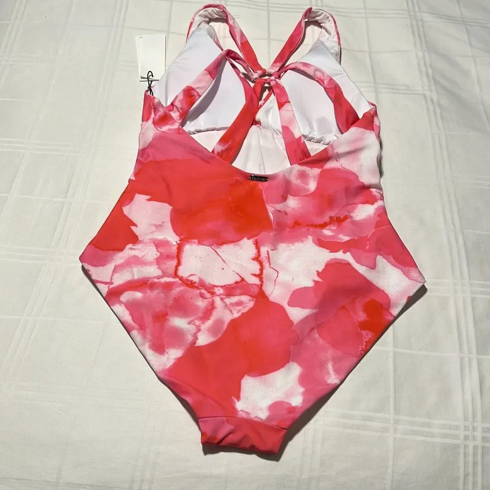 Calvin Klein Women's Pink Tie Dye Stretch V-Neck One Piece Swimsuit Size 12 - Picture 6 of 7